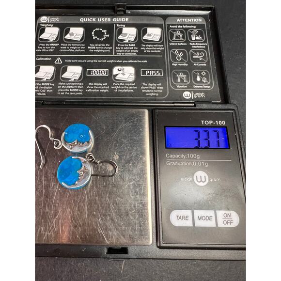 Vintage Sterling Silver Crescent Moon Blue Stone Dangle Earrings - Picture 8 of 8